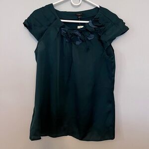 Dark Green Silk Blouse with Petal Embellishment, Cap Sleeves